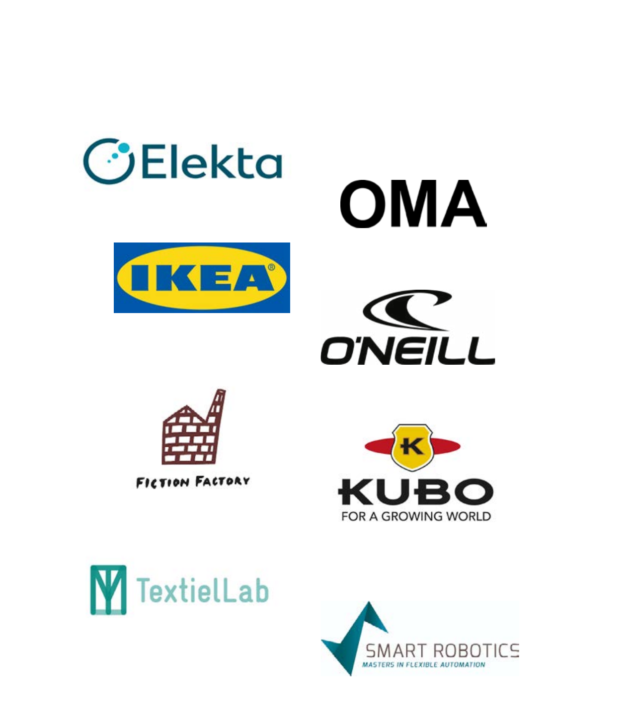 Elekta, OMA, IKEA, O'Neill, Fiction Factory, KUBO, TextielLab and Smart Robotics logos